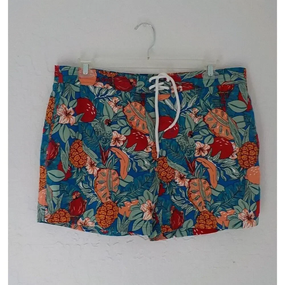ACA JOE Blue Swim Shorts Trunks Men XL Tropical Floral Birds Print Pockets Lined